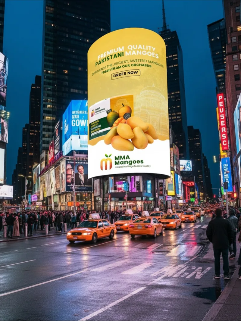MMA Mangoes advertisement billboard in Times Square New York - premium Pakistani mangoes global brand